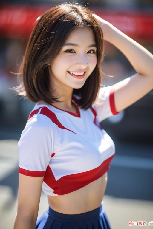 (8k、nfsw、highest quality、masterpiece:1.2)、(Realistic、Realistic:1.37)、No sleeve、mini skirt、Very detailed、超A high resolution、1 girl、Cheerleader、Beautifully detailed face、Laughter、narrow、(Slim waist) :1.3)、beautifully detailed skin、Skin Texture、Floating Hair、Professional Lighting、Human whole body、Shortcuts、Bob Hair、E Cup、smile、20-year-old、Red ribbon、Baby Face、子供っぽいsmile、Sappin'''、Moisturizing lips、Pale pink lips、Braided Hairstyles、Lace green underwear、Micro size underwear、Umbilical cord prolapse、D cup breasts、Cleavage