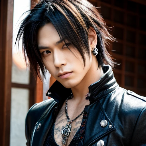 1 japanese male rocker, asien eyes, Visual Kai hairstyle, ultra detailed face and body, hyperrealistic, realistic representation, muscular, broad shoulders, tattoos gothic style, piercings, Visual Kei style, hairstyle Visual Kei, blond, 30 years old, age 30, outfit gothic streampunk, men's shirt and black pants, Asian eyes, eyes Asian, long hair, long hair