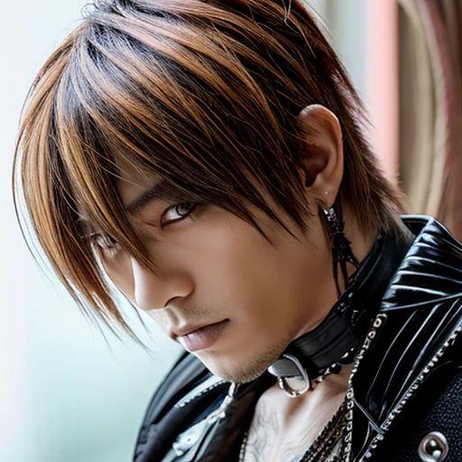 1 japanese male rocker, asien eyes, Visual Kai hairstyle, ultra detailed face and body, hyperrealistic, realistic representation, muscular, broad shoulders, tattoos gothic style, piercings, Visual Kei style, hairstyle Visual Kei, blond, 30 years old, age 30, outfit gothic streampunk, men's shirt and black pants, Asian eyes, eyes Asian, long hair, long hair