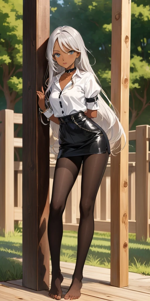 (Masterpiece, best quality, intricate details, 1sologirl) iron collar, arms behind back, iron cuffs, shackles, leather collar choker neck bell, bound ((standing by wooden pole:1.2)) ((female Black Dark skin Gyaru)) show entire body frontal position, feet in view, realistic, gorgeous 16y.o. darkest skinned mixed race female, black African, transparent black pantyhose, legs open, museum,barefoot no shoes, looking to viewer straight symmetrical, white silver long hair