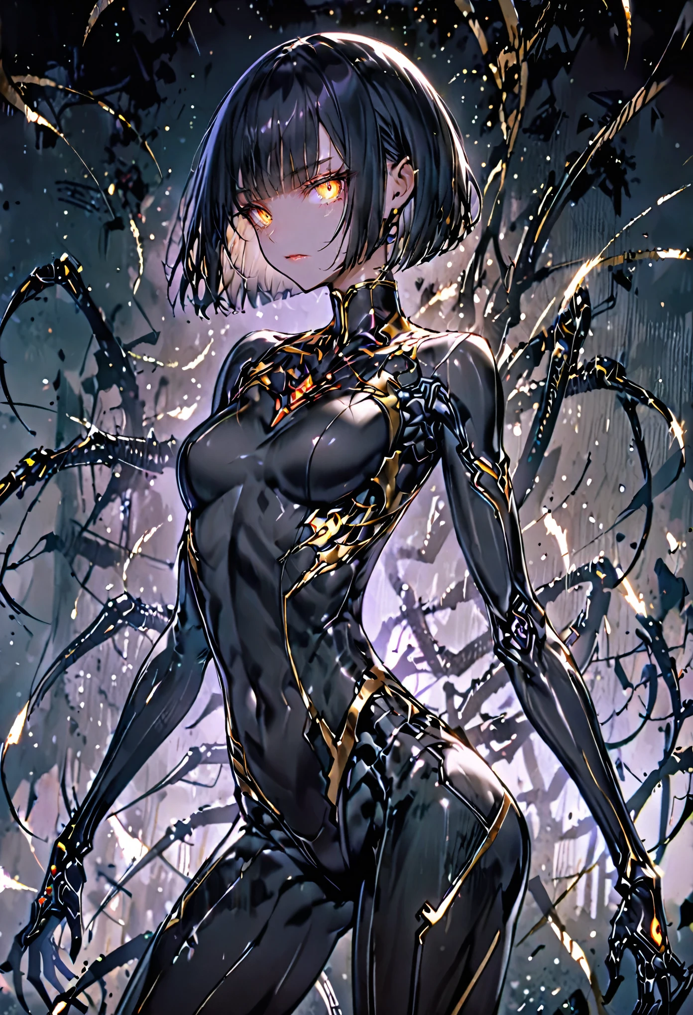 solo, female, sfw, Black hair, sleek and straight hair, chin-length bob cut, slightly tousled bangs framing her face, edges of her hair are subtly infused with metallic threads, shimmering hair, slit pupils, amber-gold iris, augmented eyes, Smooth skin, tan, faint silvery veins visible just beneath the surface of her skin, skin illuminated from within, Lean, athletic, long limbs, arachnid mechanical legs, confident stance, Eight slender mechanical legs jutting from behind her back, small glowing nodes scattered across her, cybernetic enhancements, medium shot