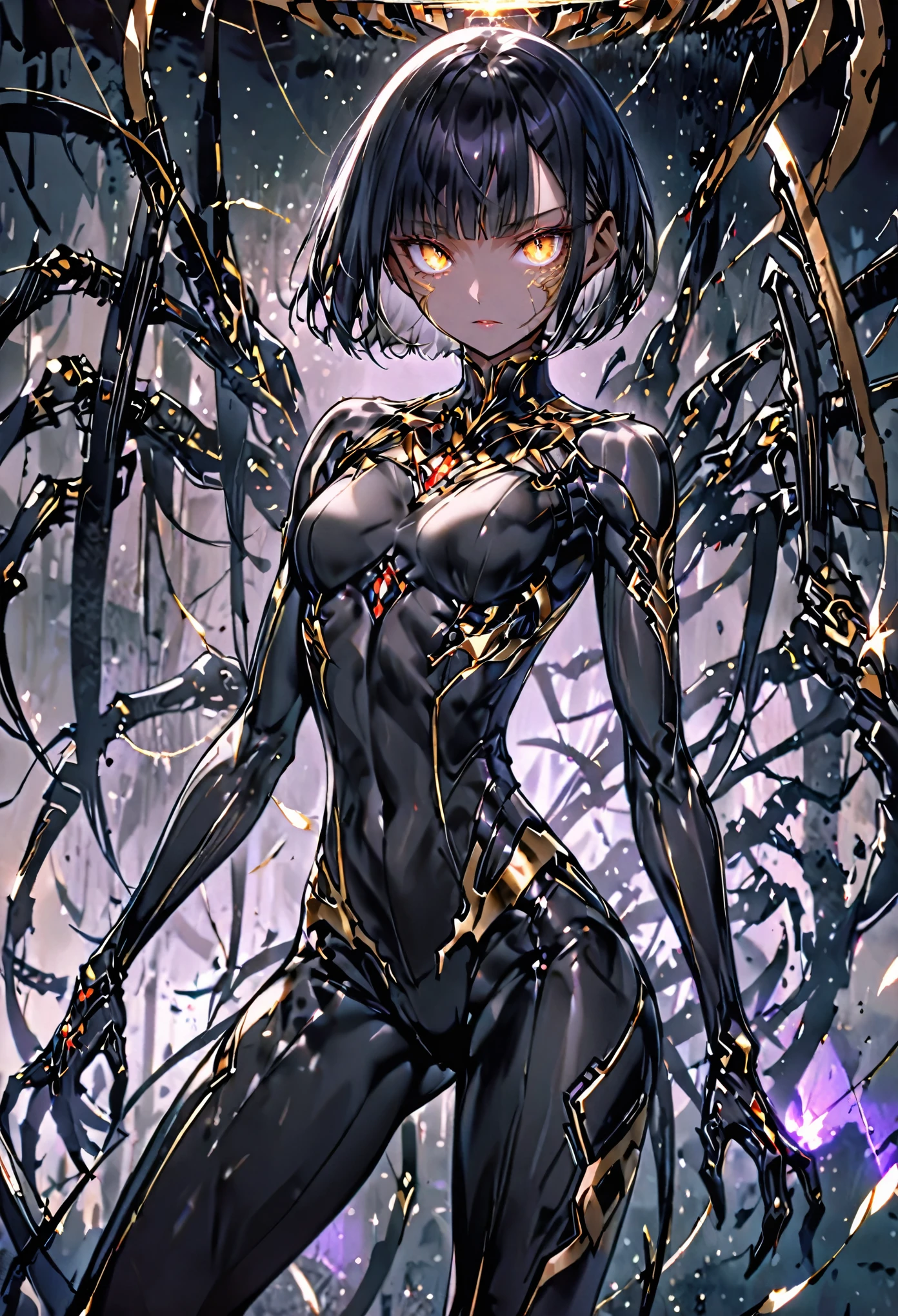 solo, female, sfw, Black hair, sleek and straight hair, chin-length bob cut, slightly tousled bangs framing her face, edges of her hair are subtly infused with metallic threads, shimmering hair, slit pupils, amber-gold iris, augmented eyes, Smooth skin, tan, faint silvery veins visible just beneath the surface of her skin, skin illuminated from within, Lean and athletic, long limbs, understated grace that belies her incredible strength, natural agility, mechanical fortification, arachnid upgrades, confident stance, Eight slender mechanical legs behind back, small glowing nodes scattered across her, cybernetic enhancements, medium shot