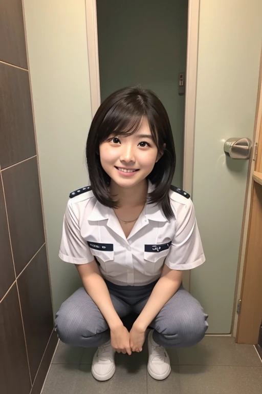 Reality、photo shoot、
Background toilet、Looks like Takako Zenba、
Hairstyle up、smile、Looking up、
Age 25、policewoman、squat、
Wide-legged pose、White panties facing front、Urinating、Onani、
