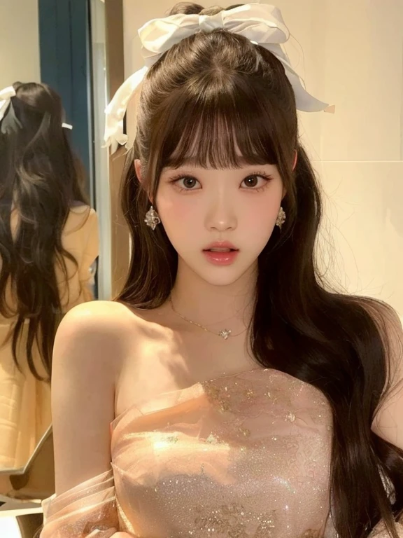 Araffe Asian woman with long hair and a bow in a dress, Jang Wonyoung, Con flequillo, long hair con flequillo completo, Jang Wonyoung de  IVE, con flequillo completo, ulzzang, long hair Con flequillo, el corte de hime, Jang Wonyoung, Jang Wonyoung de IVE, neat hair Con flequillo, Wonyoung. 