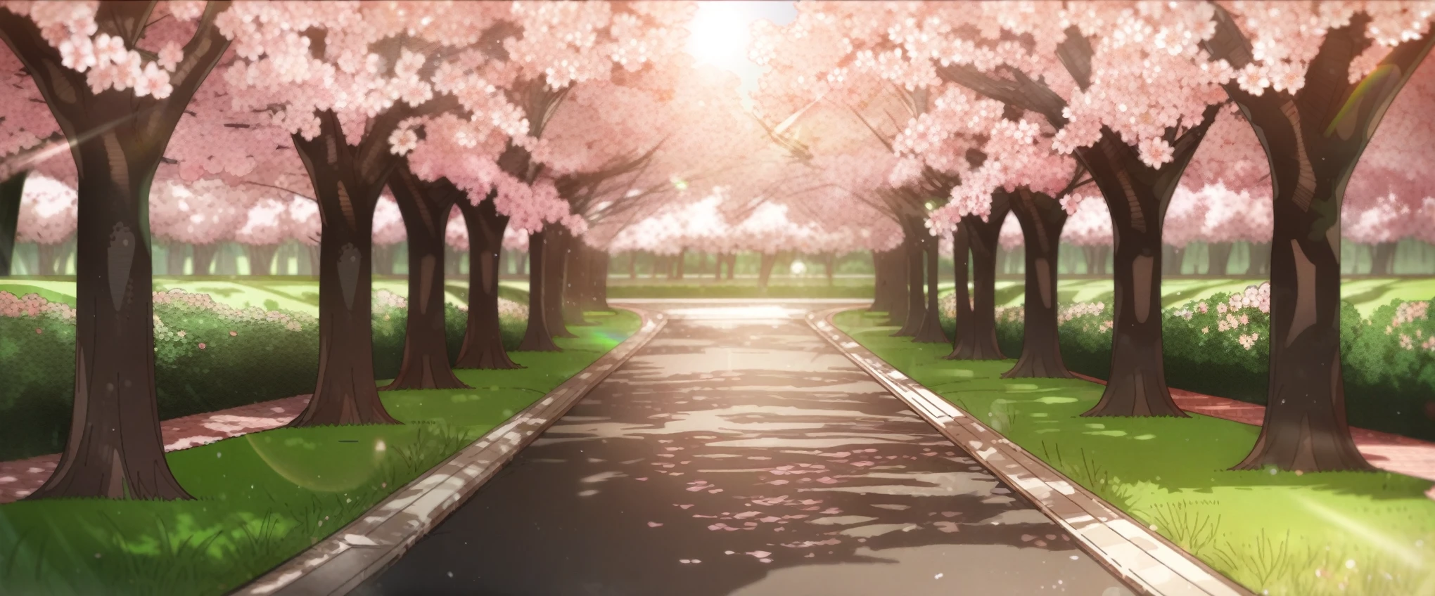 cherry trees, park, green grass, sidewalk, medium shot, sunlight, lens flare, blossoms, beautiful scene, solar flare, erere, masterpiece, best quality, scenery