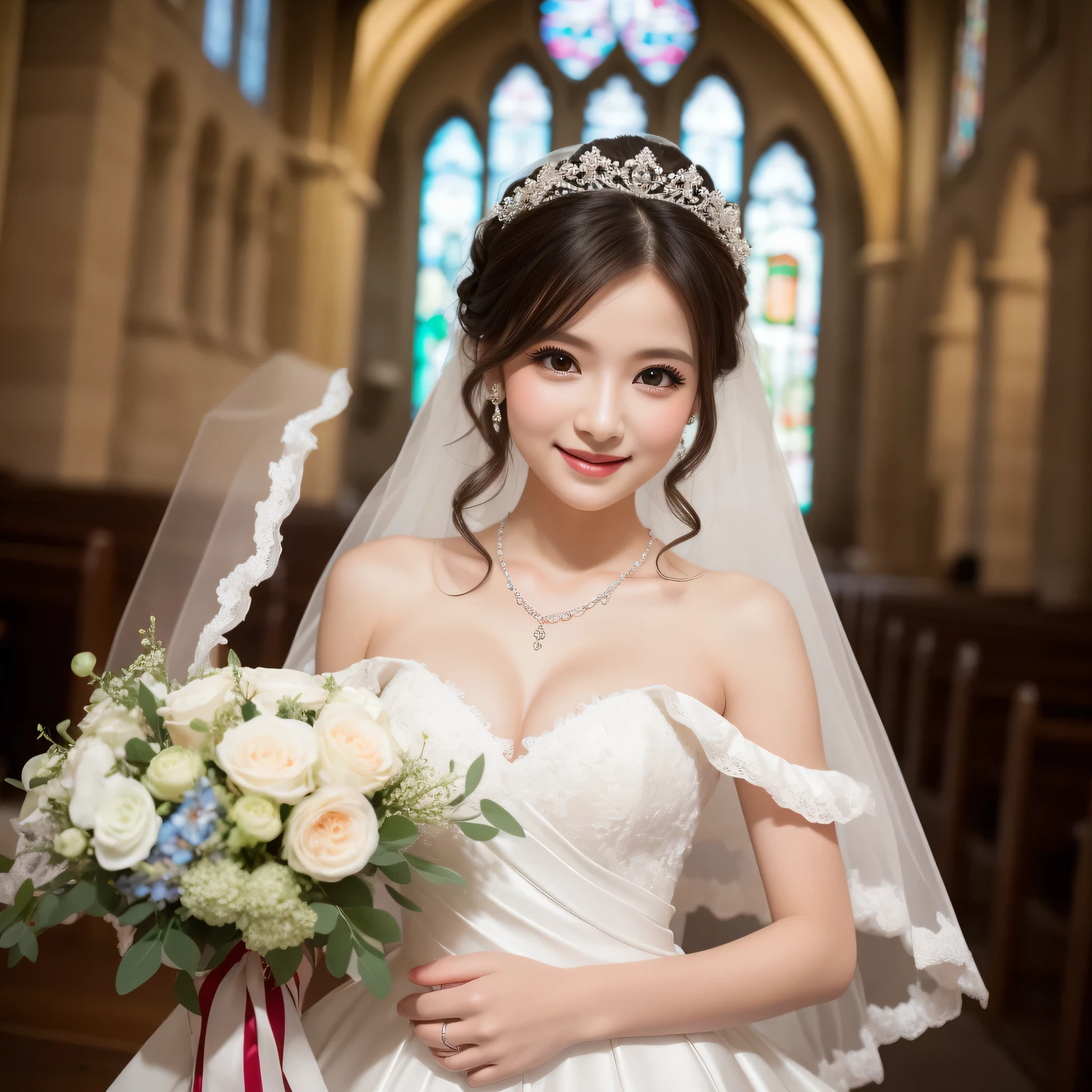 (kawaii face), (flat chest:1.2), happy smile, makeup, (Beautiful frills and lace cute wedding dress, bare shoulders:1.3), (tiaras, necklaces, earrings), Ultra High Definition, Superior Quality, Premier Quality, ultra detailed, Photorealistic, 8k, RAW Photos, highest quality, masterpiece, professional photography, Realistic portrait, Beautiful detailed, Close up portrait of girl, (chapel, stained glass), bouquet, flower decoration, beautiful bride pictures, (Fine face:1.2),
