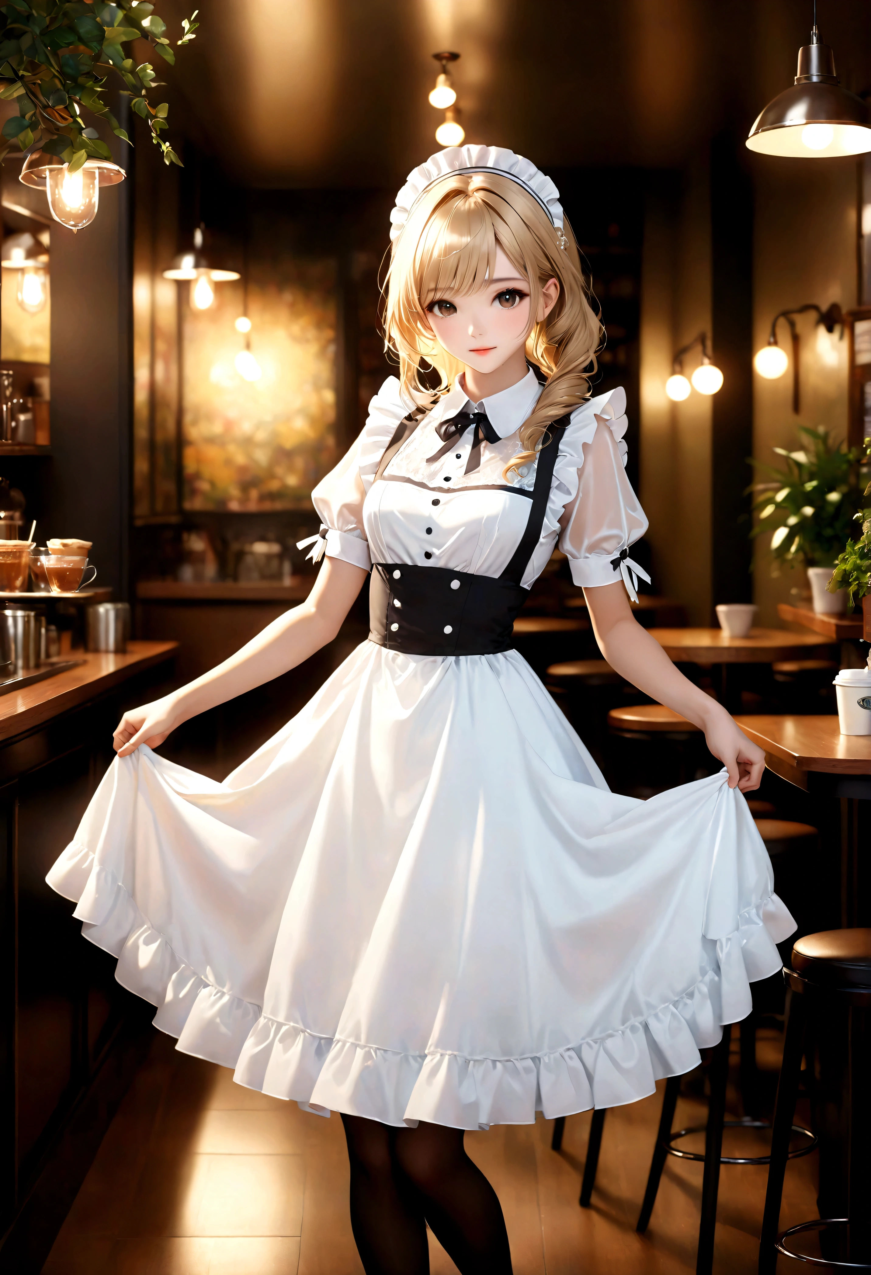 ((Masterpiece in maximum 16K resolution):1.6),((soft_color_photograpy:)1.5), ((Ultra-Detailed):1.4),((Movie-like still images and dynamic angles):1.3). | (cinematic photo of French Supermodel beauty wearing a maid dress in a cafe), (French Supermodel beauty), (Blonde), (wearing a maid dress), (focus on the maid dress), (cinematic lens), (cafe with indoor garden), (summer light), (tyndall effect), (Warm atmosphere), (shimmer), (light reflections), (visual experience),(Realism), (Realistic),award-winning graphics, dark shot, film grain, extremely detailed, Digital Art, rtx, Unreal Engine, scene concept anti glare effect, All captured with sharp focus. | Rendered in ultra-high definition with UHD and retina quality, this masterpiece ensures anatomical correctness and textured skin with super detail. With a focus on high quality and accuracy, this award-winning portrayal captures every nuance in stunning 16k resolution, immersing viewers in its lifelike depiction. | ((perfect_composition, perfect_design, perfect_layout, perfect_detail, ultra_detailed)), ((enhance_all, fix_everything)), More Detail, Enhance.
