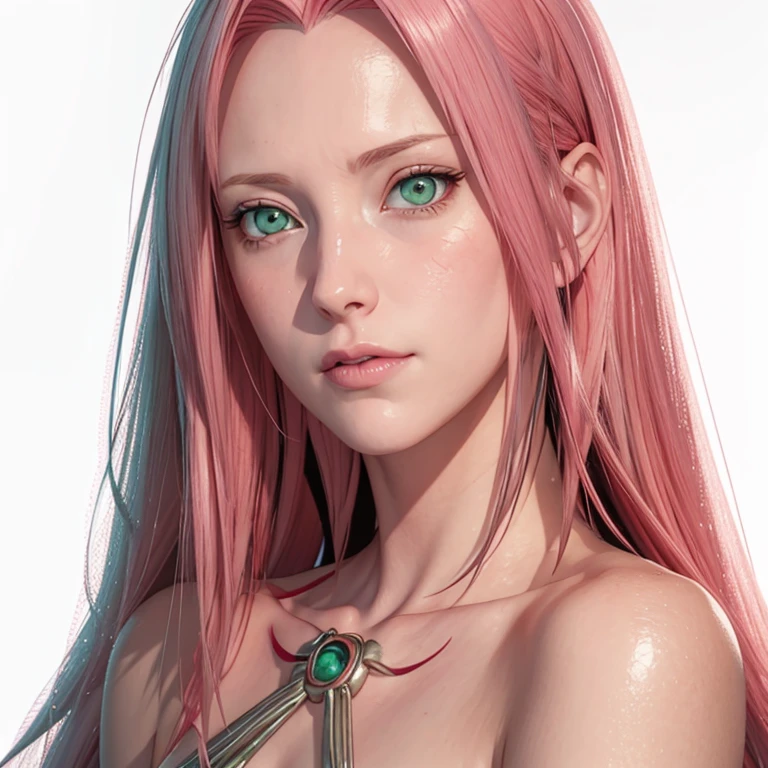 young woman, pale skin, short bubblegum pink hair, wide forehead, emerald green eyes, buttoned nose, peach lips, heart-shaped face, slender, red clothes, Sakura Haruno, 3d, realism, angelic face, maya in net
