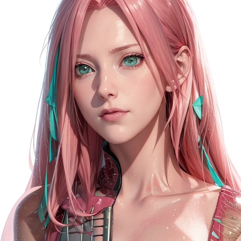 young woman, pale skin, short bubblegum pink hair, wide forehead, emerald green eyes, buttoned nose, peach lips, heart-shaped face, slender, red clothes, Sakura Haruno, 3d, realism, angelic face, maya in net
