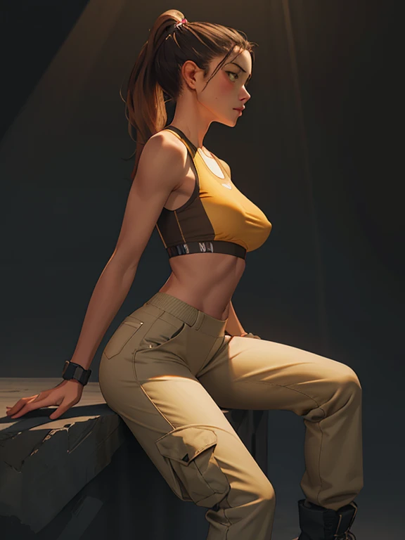 ink painting style, sketch, dynamic image of a female athlete with medium breasts with large erect nipples and a toned body, very tousled dark brown tousled long hair tied in a ponytail, golden brown eyes, calm, calculating look, wearing an almost transparent sleeveless khaki racer top over her bare chest(nipple contour:0.9), military-style trousers with patch pockets and massive high infantry boots, A play of chiaroscuro