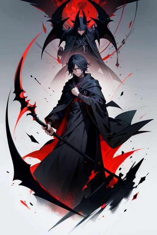 A male devil, black scythe in hands, black robes, black cloak,