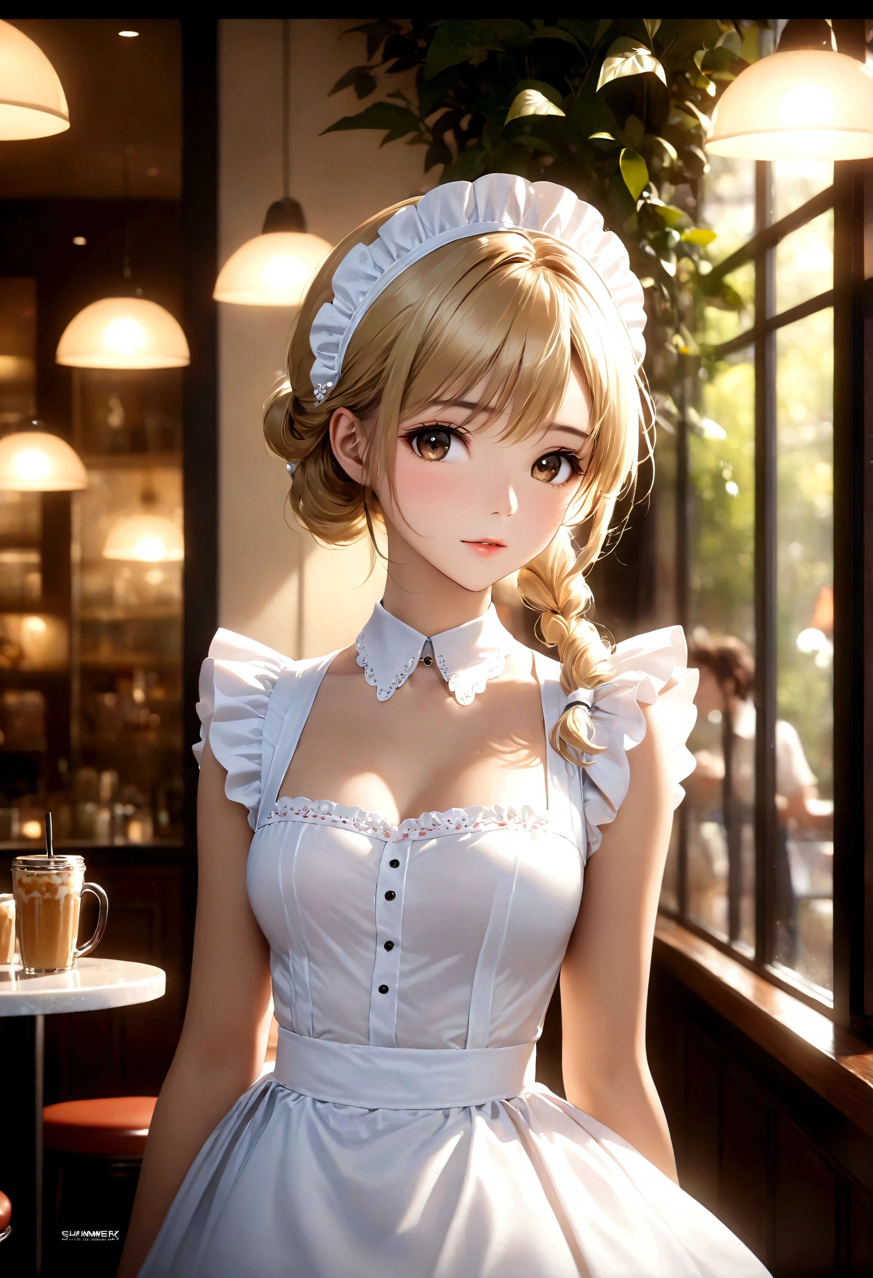 ((Masterpiece in maximum 16K resolution):1.6),((soft_color_photograpy:)1.5), ((Ultra-Detailed):1.4),((Movie-like still images and dynamic angles):1.3). | (cinematic photo of French Supermodel beauty wearing a maid dress in a cafe), (French Supermodel beauty), (Blonde), (wearing a maid dress), (focus on the maid dress), (cinematic lens), (cafe with indoor garden), (summer light), (tyndall effect), (Warm atmosphere), (shimmer), (light reflections), (visual experience),(Realism), (Realistic),award-winning graphics, dark shot, film grain, extremely detailed, Digital Art, rtx, Unreal Engine, scene concept anti glare effect, All captured with sharp focus. | Rendered in ultra-high definition with UHD and retina quality, this masterpiece ensures anatomical correctness and textured skin with super detail. With a focus on high quality and accuracy, this award-winning portrayal captures every nuance in stunning 16k resolution, immersing viewers in its lifelike depiction. | ((perfect_composition, perfect_design, perfect_layout, perfect_detail, ultra_detailed)), ((enhance_all, fix_everything)), More Detail, Enhance.