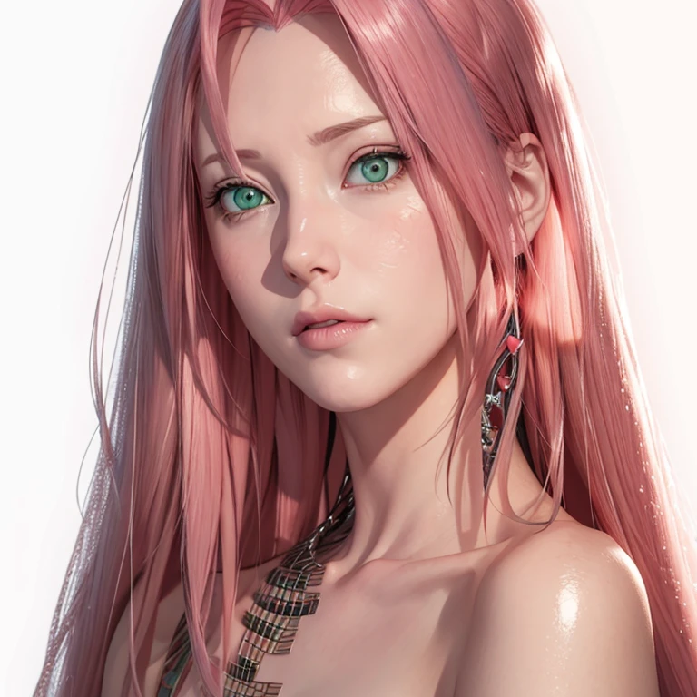 young woman, pale skin, short bubblegum pink hair, wide forehead, emerald green eyes, buttoned nose, peach lips, heart-shaped face, slender, red clothes, Sakura Haruno, 3d, realism, angelic face, maya in net
