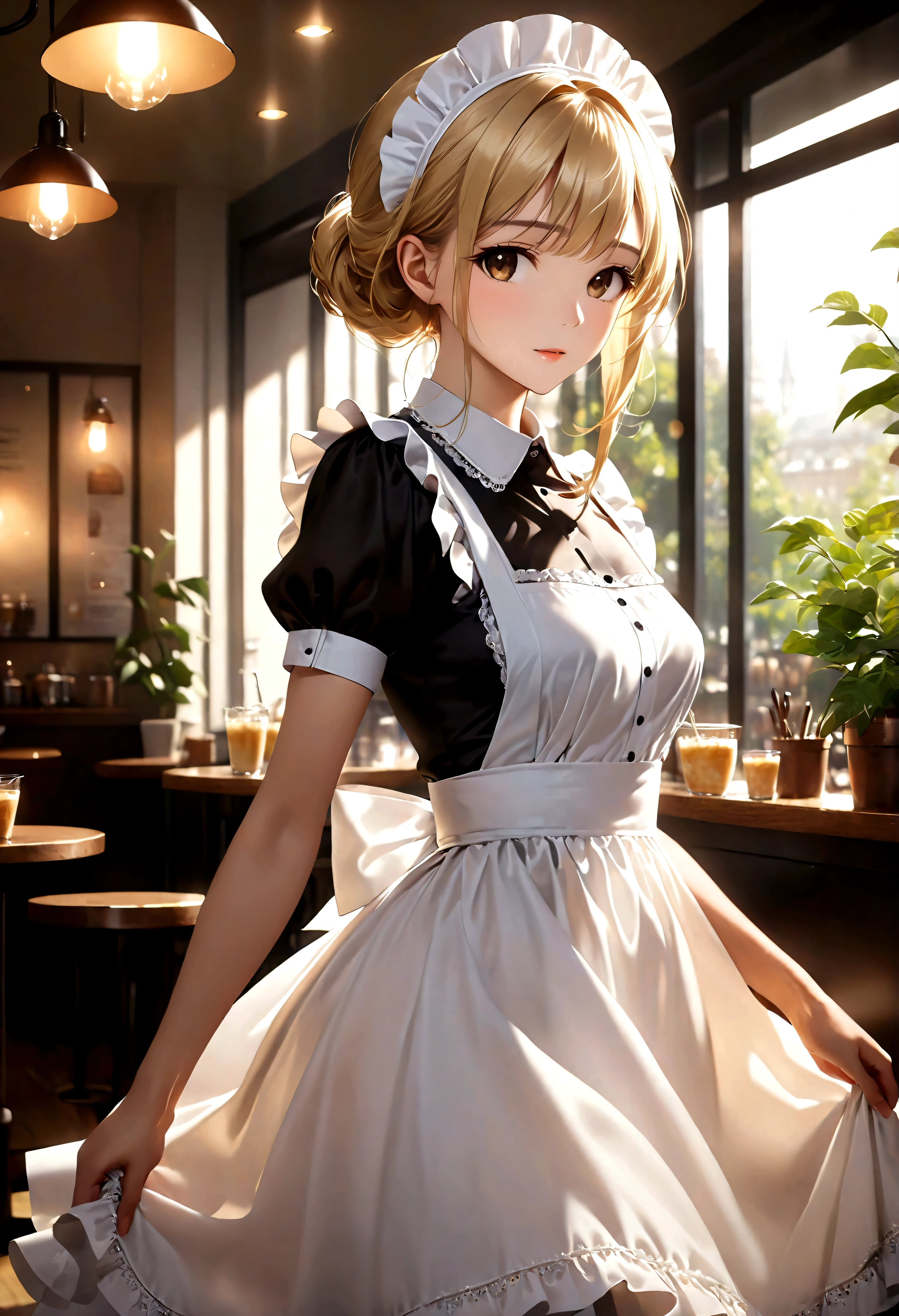 ((Masterpiece in maximum 16K resolution):1.6),((soft_color_photograpy:)1.5), ((Ultra-Detailed):1.4),((Movie-like still images and dynamic angles):1.3). | (cinematic photo of French Supermodel beauty wearing a maid dress in a cafe), (French Supermodel beauty), (Blonde), (wearing a maid dress), (focus on the maid dress), (cinematic lens), (cafe with indoor garden), (summer light), (tyndall effect), (Warm atmosphere), (shimmer), (light reflections), (visual experience),(Realism), (Realistic),award-winning graphics, dark shot, film grain, extremely detailed, Digital Art, rtx, Unreal Engine, scene concept anti glare effect, All captured with sharp focus. | Rendered in ultra-high definition with UHD and retina quality, this masterpiece ensures anatomical correctness and textured skin with super detail. With a focus on high quality and accuracy, this award-winning portrayal captures every nuance in stunning 16k resolution, immersing viewers in its lifelike depiction. | ((perfect_composition, perfect_design, perfect_layout, perfect_detail, ultra_detailed)), ((enhance_all, fix_everything)), More Detail, Enhance.