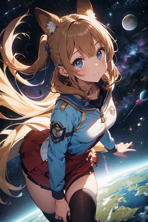 Fille astronaute dans le sryle furry renard , long brown hair , des yeux verts et des oreilles de renard et queue de renard , in colorful space with planet stars