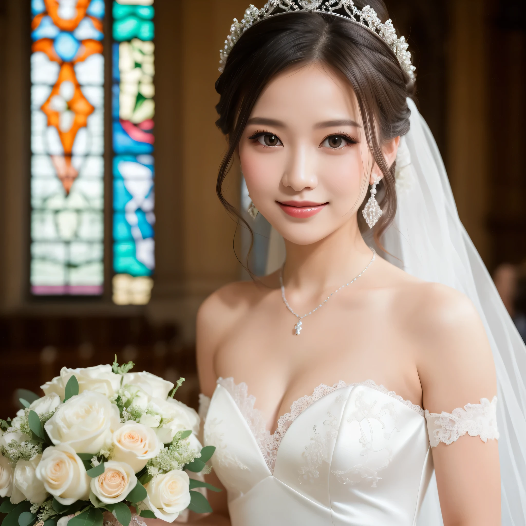 (kawaii face), (flat chest:1.2), happy smile, makeup, (Beautiful frills and lace cute wedding dress, bare shoulders:1.3), (tiaras, necklaces, earrings), Ultra High Definition, Superior Quality, Premier Quality, ultra detailed, Photorealistic, 8k, RAW Photos, highest quality, masterpiece, professional photography, Realistic portrait, Beautiful detailed, Close up portrait of girl, (chapel, stained glass), bouquet, flower decoration, beautiful bride pictures, (Fine face:1.2),