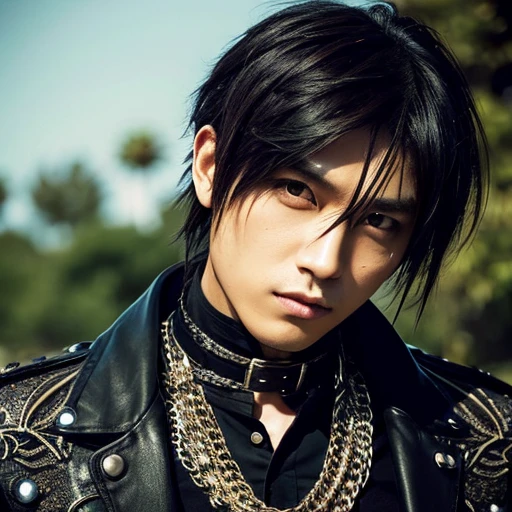 1 japanese male rocker, asien eyes, Visual Kai hairstyle, ultra detailed face and body, hyperrealistic, realistic representation, muscular, broad shoulders, tattoos gothic style, piercings, Visual Kei style, hairstyle Visual Kei, blond, 30 years old, age 30, outfit gothic streampunk, men's shirt and black pants, Asian eyes, eyes Asian, long hair, long hair