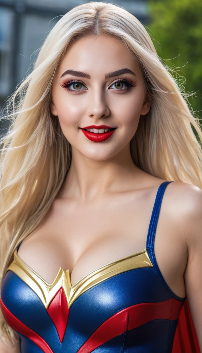 hyperrealistic beautiful busty 19-year-old woman with long legs wearing female superhero cosplay outfit, model shooting full body photography, bleached blonde very long straight hair, soaky wet skin, dark eye makeup with eyeliner, seductive smile, red lips, 8K, Best quality, Meisterwerk, ultra high resolution, (Realismus: 1.4), Originalfoto, (realistische Hautstruktur: 1.3), (Filmkorn: 1.3), (Selfie-Winkel), 1 girl, Beautiful round hazel eyes and facial details, Meisterwerk, Best quality, outdoor photography, nsfw