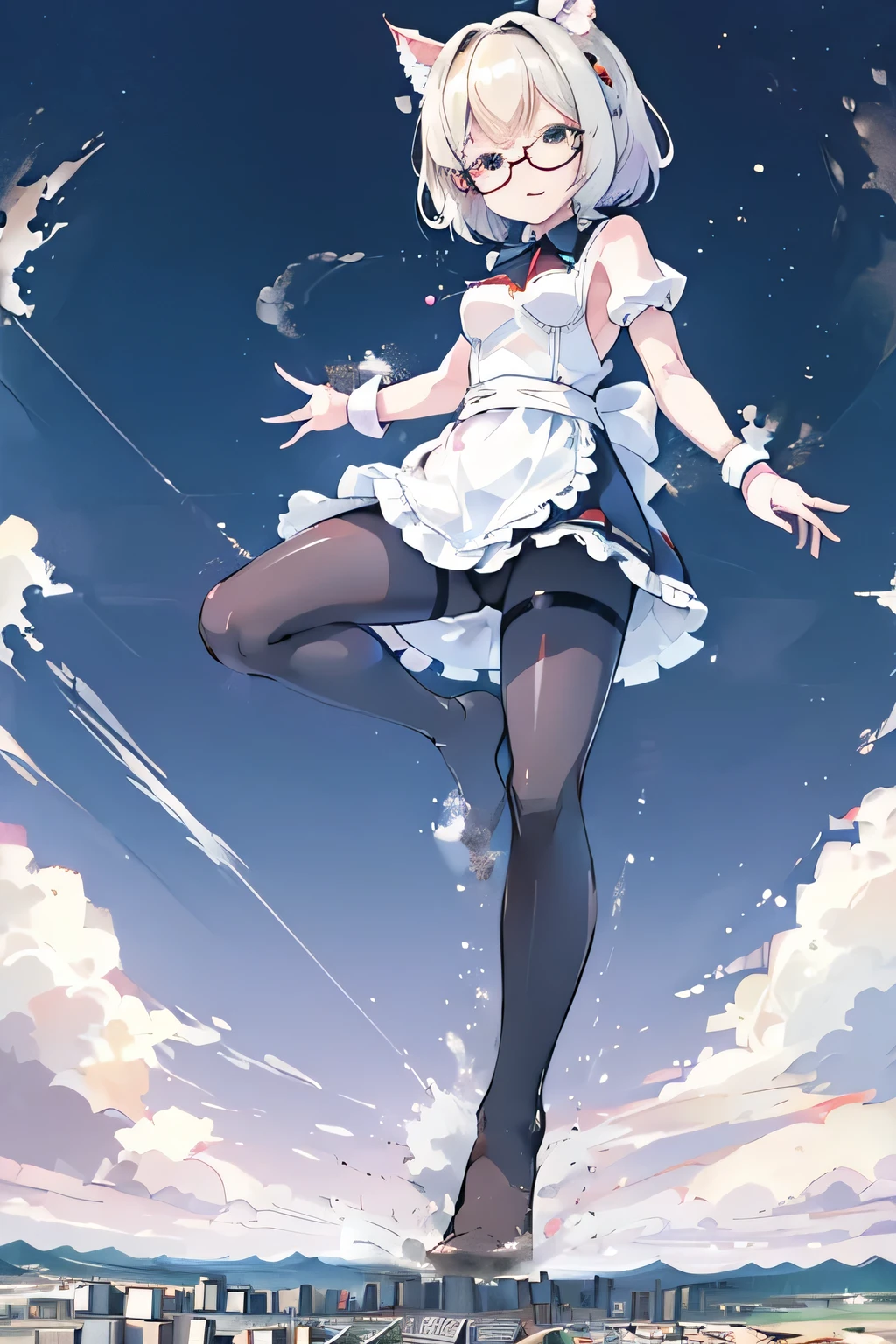giantess art, highly detailed giantess shots, giantess, Two legs, Five fingers, short hair, A beautiful girl who is bigger than a skyscraper, Wearing rimless glasses, smile, Big Breasts, Maid clothes, Black Pantyhose, black pantyhose, no shoes on, toes visible through pantyhose, Steam coming out from the soles of my feet, Destroying cities, A very small big city, Miniature metropolis, Full body description, GTS, giga giantess, stomping city, crash city, tiny city, micro city, pantyhose feet, High resolution, highest quality, masterpiece, Maid, maid, transparent bodystocking,