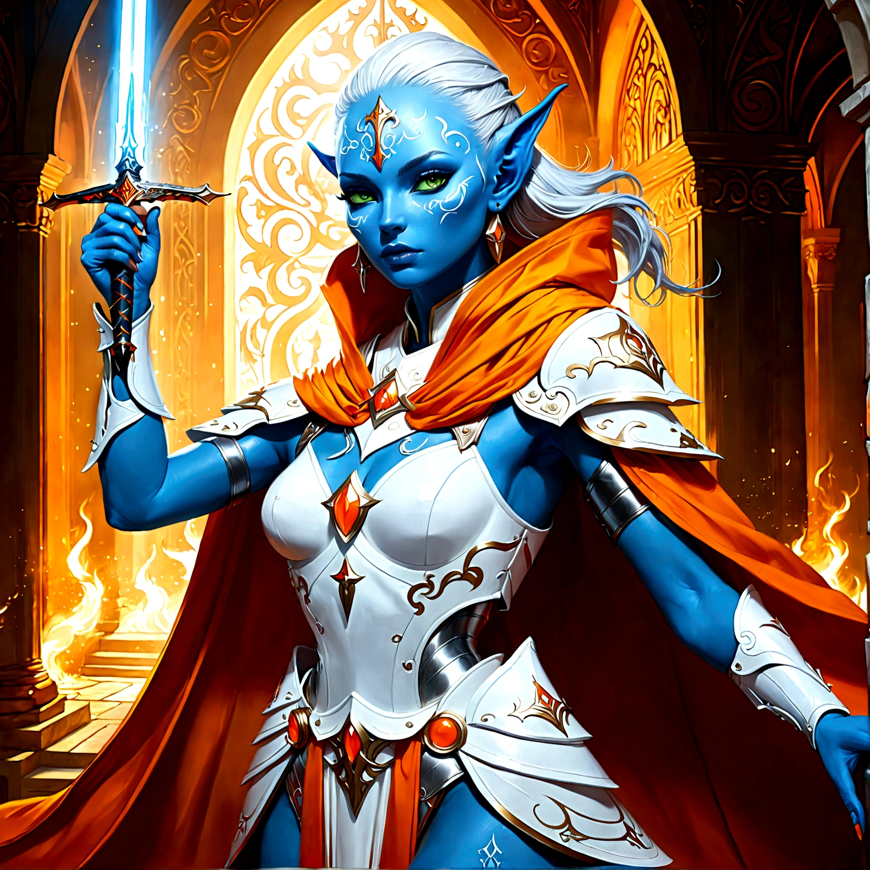 fantasy art, dnd art, RPG art, wide shot, (masterpiece: 1.4) a (portrait: 1.3) intense details, highly detailed, photorealistic, best quality, highres, portrait a female (fantasy art, Masterpiece, best quality: 1.3) ((blue skin: 1.5)), intense details facial details, exquisite beauty, (fantasy art, Masterpiece, best quality) cleric, (blue skinned: 1.3) female, white hair, long hair, (no ears: 1.5), (green eyes: 1.3), armed with a fiery sword red fire, wearing heavy (white armor: 1.3), wearing high heeled laced boots, wearing an (orange cloak:1.3), wearing glowing holy symbol GlowingRunes_yellow, within fantasy temple background, reflection light, high details, best quality, 16k, [ultra detailed], masterpiece, best quality, (extremely detailed), close up, ultra wide shot, photorealistic, RAW, fantasy art, dnd art, fantasy art, realistic art,((best quality)), ((masterpiece)), (detailed), perfect face, ArmoredDress