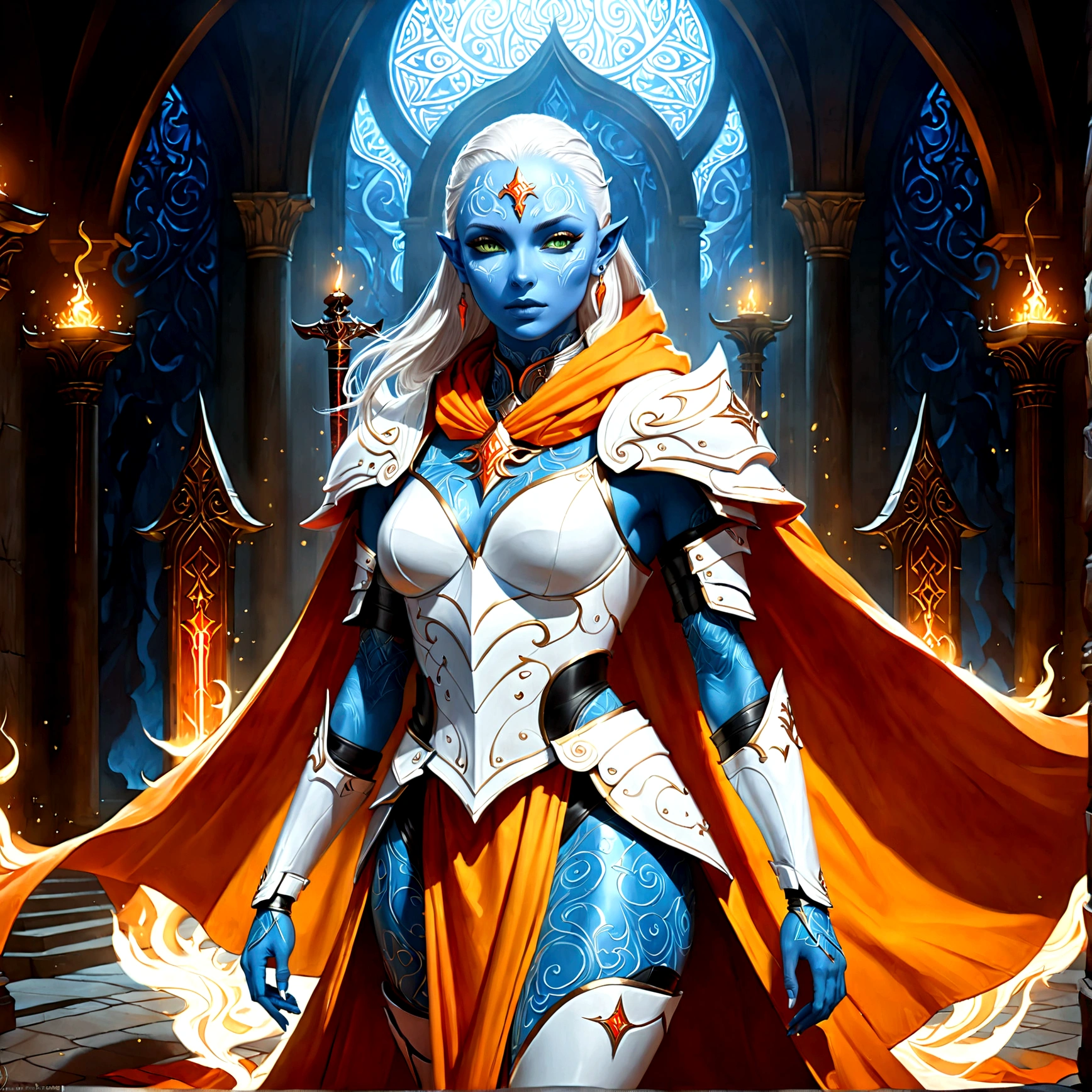 fantasy art, dnd art, RPG art, wide shot, (masterpiece: 1.4) a (portrait: 1.3) intense details, highly detailed, photorealistic, best quality, highres, portrait a female (fantasy art, Masterpiece, best quality: 1.3) ((blue skin: 1.5)), intense details facial details, exquisite beauty, (fantasy art, Masterpiece, best quality) cleric, (blue skinned: 1.3) female, white hair, long hair, (no ears: 1.5), (green eyes: 1.3), armed with a fiery sword red fire, wearing heavy (white armor: 1.3), wearing high heeled laced boots, wearing an (orange cloak:1.3), wearing glowing holy symbol GlowingRunes_yellow, within fantasy temple background, reflection light, high details, best quality, 16k, [ultra detailed], masterpiece, best quality, (extremely detailed), close up, ultra wide shot, photorealistic, RAW, fantasy art, dnd art, fantasy art, realistic art,((best quality)), ((masterpiece)), (detailed), perfect face, ArmoredDress