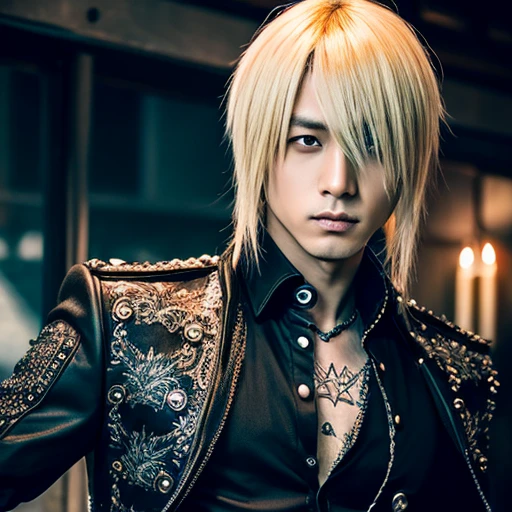 1 japanese male rocker, asien eyes, Visual Kai hairstyle, ultra detailed face and body, hyperrealistic, realistic representation, muscular, broad shoulders, tattoos gothic style, piercings, Visual Kei style, hairstyle Visual Kei, blond, 30 years old, age 30, outfit gothic streampunk, men's shirt and black pants, Asian eyes, eyes Asian, long hair, long hair