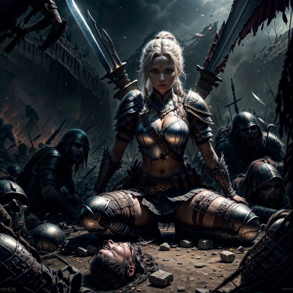 8K, Best Quality, Masterpiece, Ultra High Resolution, (highly detailed CG unity 8k wallpaper), (best illustration), (best shadows), isometric 3D, octane rendering, ray tracing, highly detailed, (wide panoramic view: 1.1), a female warrior in armor with a sword in her hands sits on a pile of mutilated corpses of dead monsters in the middle of an epic battlefield