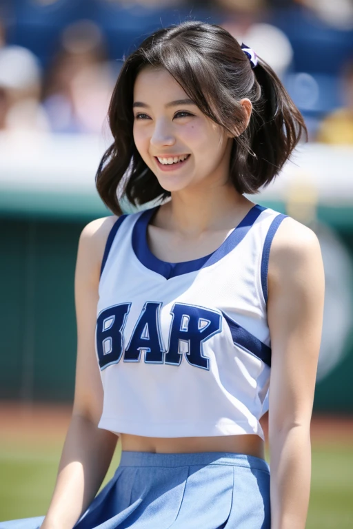 (8k、nfsw、highest quality、masterpiece:1.2)、(Realistic、Realistic:1.37)、Professional baseball、No sleeve、mini skirt、Very detailed、超A high resolution、1 girl、Cheerleader、Beautifully detailed face、Laughter、narrow、(Slim waist) :1.3)、beautifully detailed skin、Skin Texture、Floating Hair、Professional Lighting、Human whole body、Shortcuts、Bob Hair、E Cup、smile、24-years-old、Blue ribbon、Baby Face、子供っぽいsmile、Sappin'''、Moisturizing lips、Pale pink lips、Upper body naked、Lace green underwear、Micro size underwear、Umbilical cord prolapse、D cup breasts、Cleavage