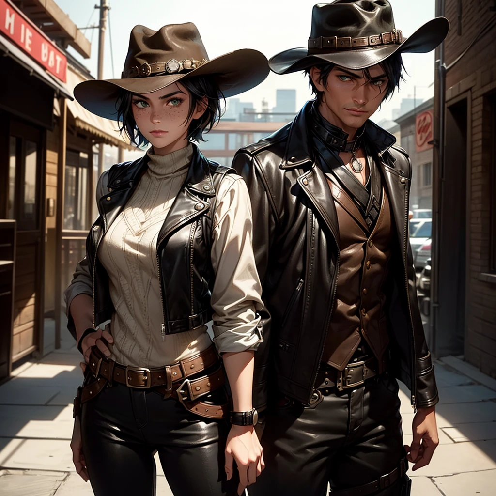 "Generate a high-quality image of a young woman with short black hair, green eyes, and freckles. She wears a brown leather jacket over a black vest and a black cowboy hat. The scene, captured from a cowboy shot angle, blends Western and steampunk influences in a modern cityscape, with natural light casting intriguing shadows."