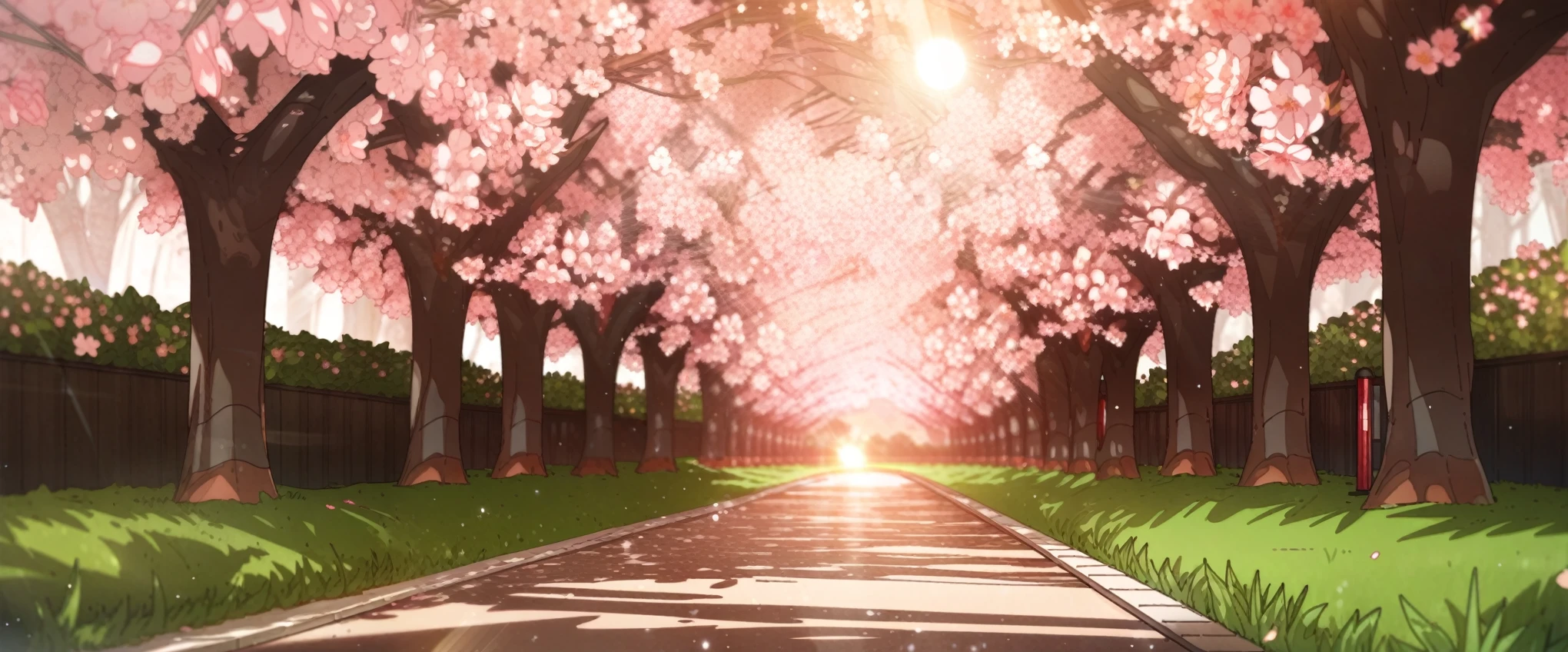 cherry trees, park, green grass, sidewalk:0.7, medium shot, sunlight, lens flare, blossoms, beautiful scene, solar flare, erere, masterpiece, best quality, scenery