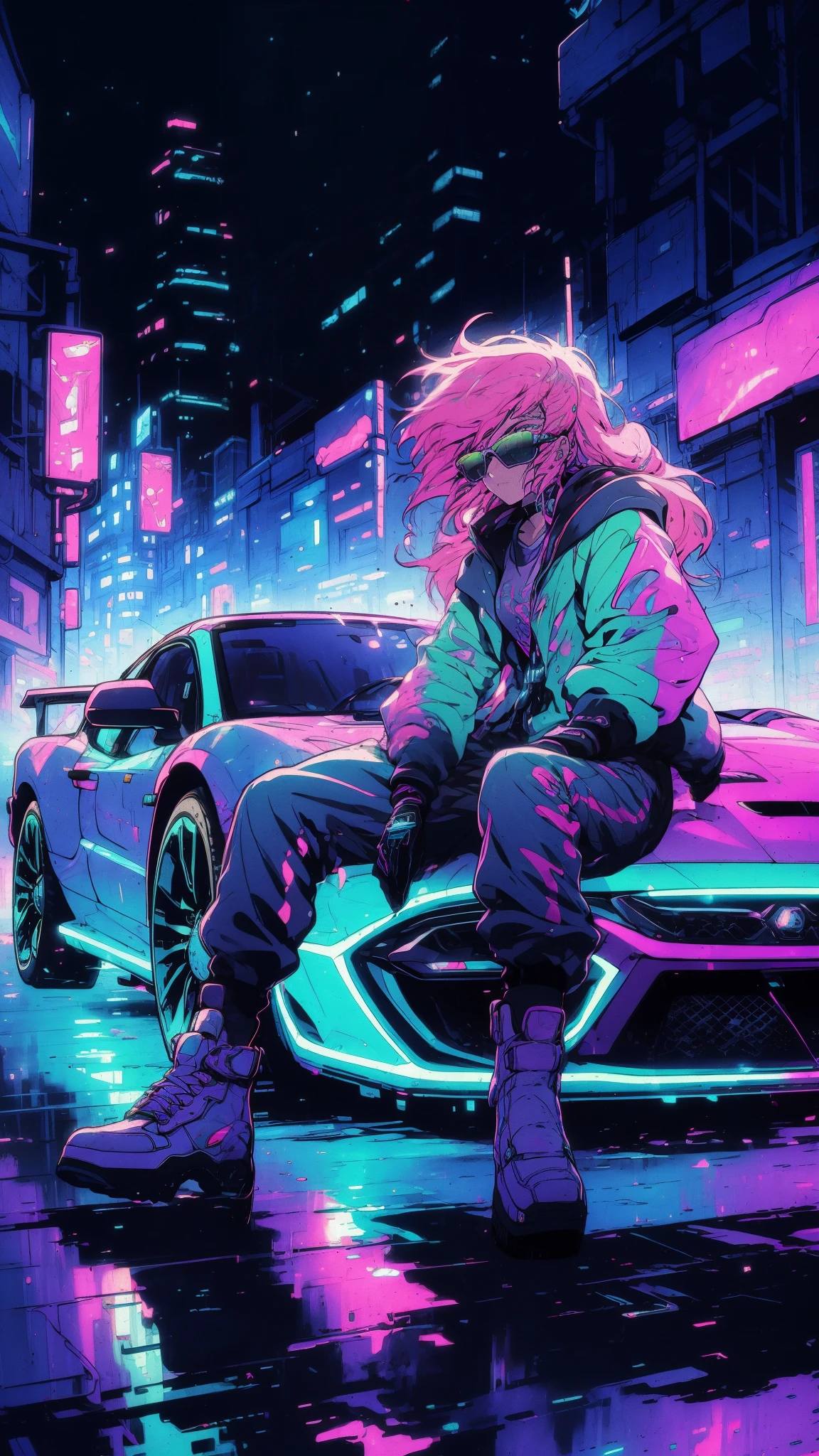 A lone ager with neon pink hair, sporting a holographic jumpsuit and oversized sunglasses, cruises down a neon-lit street in a tricked-out car with tinted windows. The car's bass vibrates the air, pulsing with electronic music, fantasy world, dark background, clean design, epic, artstation, colorful paint splatter, silhouette, hyper detailed intricate details, unreal engine, fantasy, splash screen, complementary colors, deviantart masterpiece, oil painting, heavy strokes, paint dripping, indifferent expression