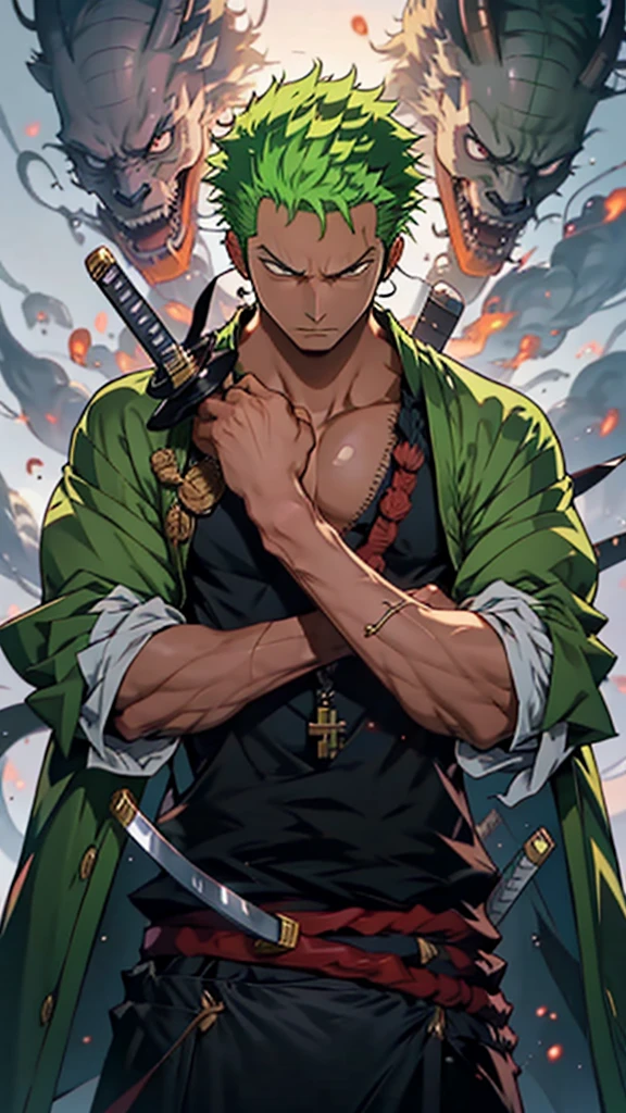 anime character with green hair and a sword in front of a fire, roronoa zoro, handsome guy in demon slayer art, amazing wallpaper, badass anime 8 k, 4 k manga wallpaper, trending wallpaper, anime wallaper, mobile wallpaper, official art, key anime art, anime character, best anime character design, anime wallpaper 4 k, marvelous expression