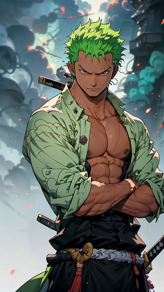 anime character with green hair and a sword in front of a fire, roronoa zoro, handsome guy in demon slayer art, amazing wallpaper, badass anime 8 k, 4 k manga wallpaper, trending wallpaper, anime wallaper, mobile wallpaper, official art, key anime art, anime character, best anime character design, anime wallpaper 4 k, marvelous expression