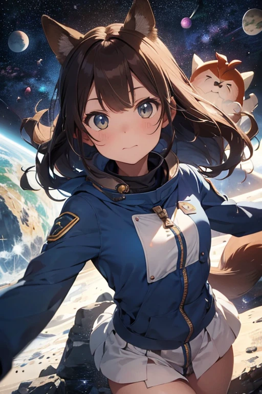 Fille astronaute dans le sryle furry renard , long brown hair , des yeux verts et des oreilles de renard et queue de renard , et des taches de rousseur , avec une grossepoitrine, in colorful space with planet stars 