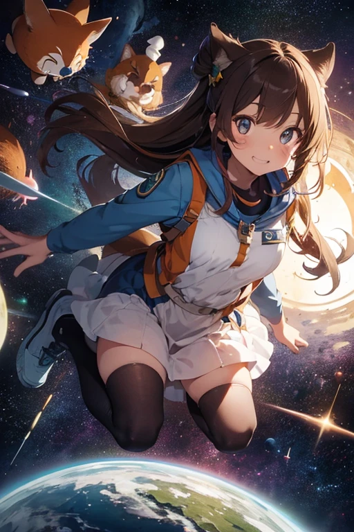 Fille astronaute dans le sryle furry renard , long brown hair , des yeux verts et des oreilles de renard et queue de renard , et des taches de rousseur , avec une grossepoitrine, in colorful space with planet stars 