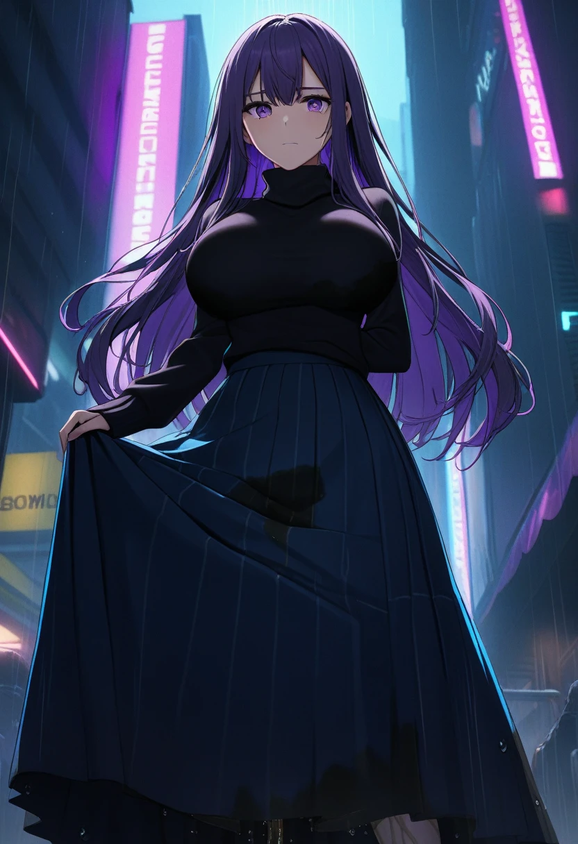 night, Colorful cyberpunk city background, rain, street, (very long hair:1.25), dark purple hair, purple eyes shining eyes, large breasts, turtleneck sweater, (long skirt:1.25), multicolored skirt, (wetting herself:1.5), stern expression, black, backlight, glow, Find an audience, low angle shot, Looking up at the camera, perfect composition, Perfect light and shadow, 8K