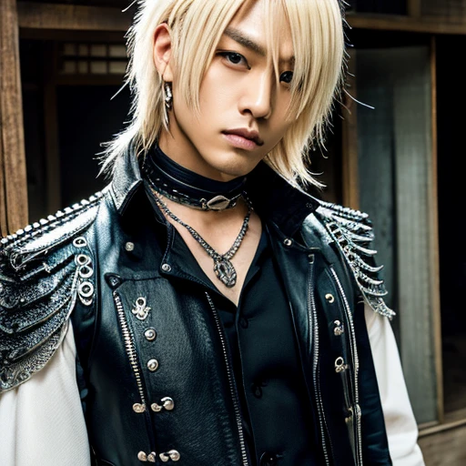 1 japanese male rocker, asien eyes, Visual Kai hairstyle, ultra detailed face and body, hyperrealistic, realistic representation, muscular, broad shoulders, tattoos gothic style, piercings, Visual Kei style, hairstyle Visual Kei, blond, 30 years old, age 30, outfit gothic streampunk, men's shirt and black pants, Asian eyes, eyes Asian, long hair, long hair