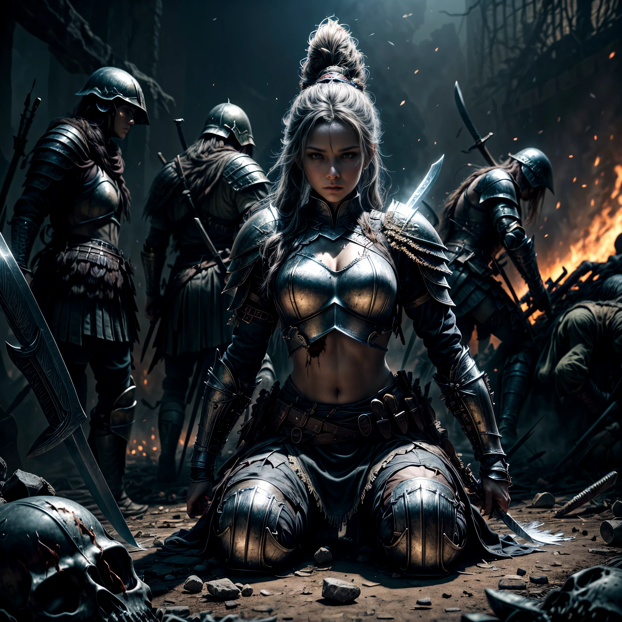 8K, Best Quality, Masterpiece, Ultra High Resolution, (highly detailed CG unity 8k wallpaper), (best illustration), (best shadows), isometric 3D, octane rendering, ray tracing, highly detailed, (wide panoramic view: 1.1), a female warrior in armor with a sword in her hands sits on a pile of mutilated corpses of dead monsters in the middle of an epic battlefield