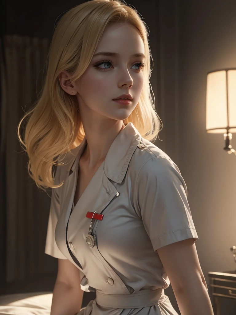 beautiful blonde woman, pale skin, gray eyes, nurse uniform, pin up style, intricate details, cinematic lighting, photorealistic, 8k, highly detailed, masterpiece, chiaroscuro lighting, dramatic shadows, warm color palette, glowing skin, volumetric lighting, cinematic composition, elegant pose, dynamic angle, dynamic composition