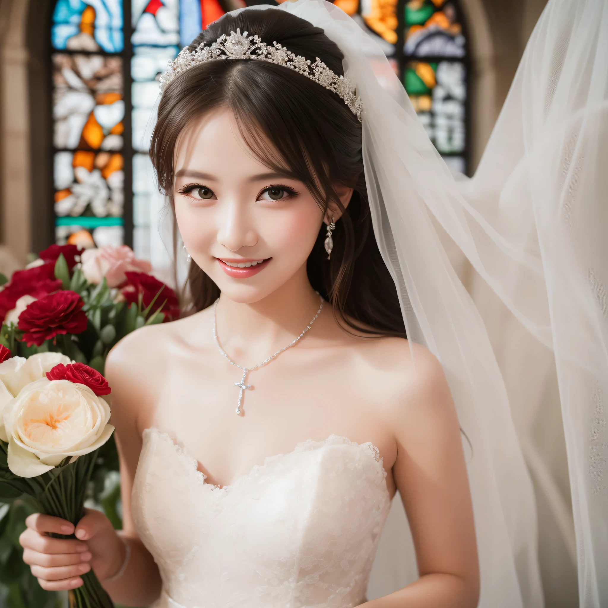 (kawaii face), (flat chest:1.2), happy smile, makeup, (Beautiful frills and lace cute wedding dress, bare shoulders:1.3), (tiaras, necklaces, earrings), Ultra High Definition, Superior Quality, Premier Quality, ultra detailed, Photorealistic, 8k, RAW Photos, highest quality, masterpiece, professional photography, Realistic portrait, Beautiful detailed, Close up portrait of girl, (chapel, stained glass), bouquet, flower decoration, beautiful bride pictures, (Fine face:1.2),
