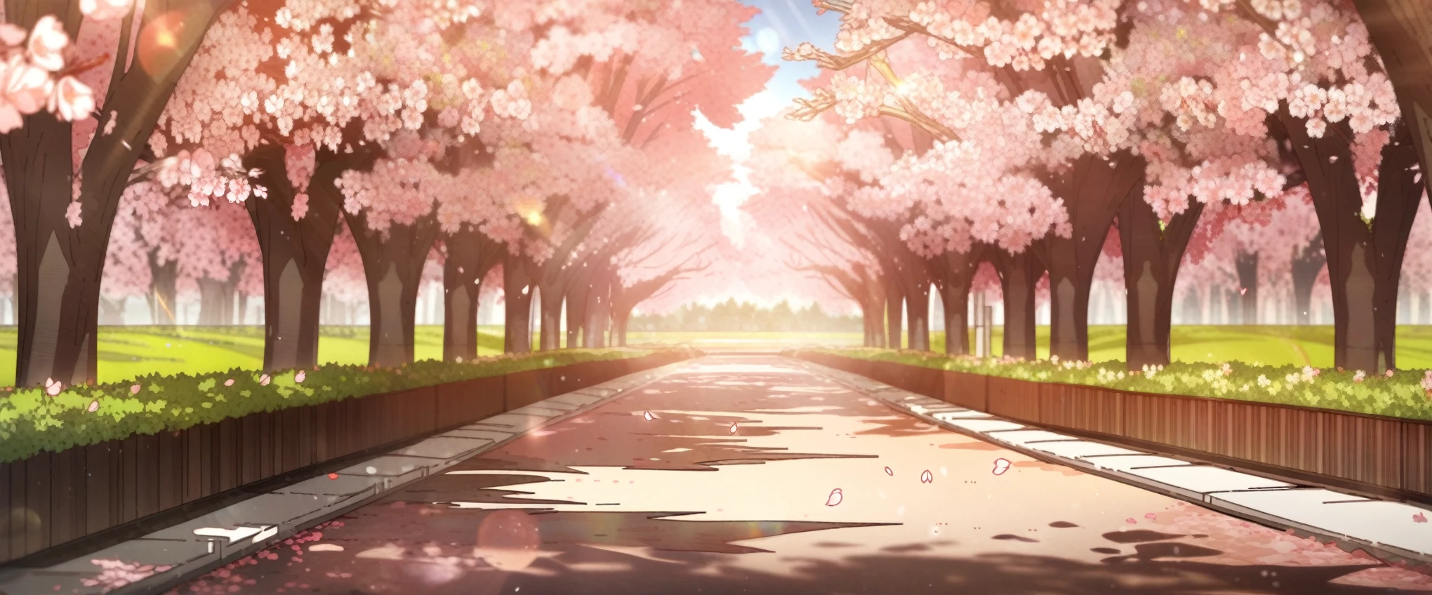 cherry trees, park, green grass, sidewalk:0.7, medium shot, sunlight, lens flare, blossoms, beautiful scene, solar flare, erere, masterpiece, best quality, scenery