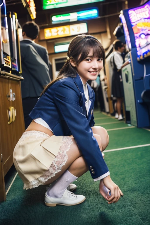 Nude,nudity,nudist,Woman without pants、（best image quality、highest quality、highest resolution、masterpiece、be familiar with、real photos）、Beautiful and cute 17 year old high school girl、look at the camera、((light brown straight hair、Pin Clip Cream、smile))、((full body shot))、((Low - Angle))、(quite small)、(pretty toned body)、((Public high school navy blazer uniform、navy check mini skirt:1.2))、((white open collar shirt)、((skirt lift))、((showing private parts to camera:1.2))、((Squat down and spread your legs wide:1.3))、((khaki cardigan、white socks、black loafers))、((Take a selfie with your phone、black bag with stuffed animals))、((The location is downtown Tokyo at night..、after school, Four of my friends are playing in a crowded arcade