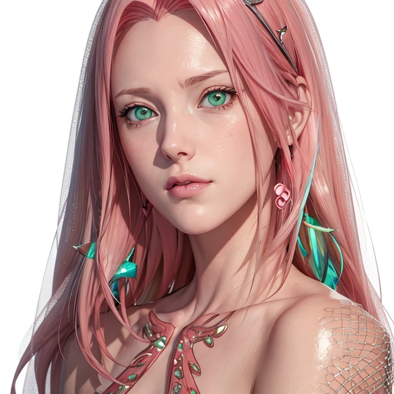 young woman, pale skin, short bubblegum pink hair, wide forehead, emerald green eyes, buttoned nose, peach lips, heart-shaped face, slender, red clothes, Sakura Haruno, 3d, realism, angelic face, maya in net
