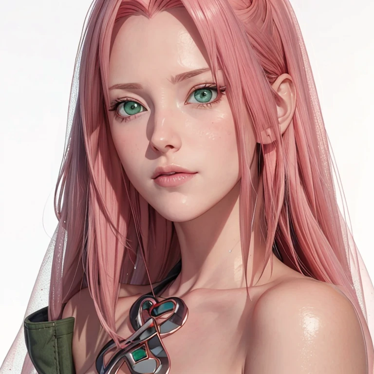 young woman, pale skin, short bubblegum pink hair, wide forehead, emerald green eyes, buttoned nose, peach lips, heart-shaped face, slender, red clothes, Sakura Haruno, 3d, realism, angelic face, maya in net