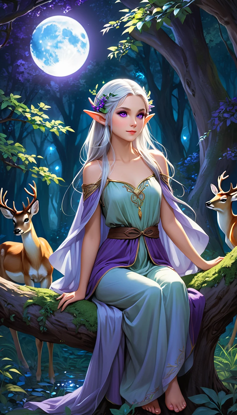 A young elf woman, with silver hair and bright purple eyes, is sitting on a tree, surrounded by a dense and lush forest. The night is bluish and clear, with the full moon shining brightly in the sky. Deers dance around your head, creating a magical and decorated environment. The young woman seems to be a part of the night, her skin shining with a touch of magic. She seems to be a mysterious and attractive figure, her serene expression and her relaxed posture. The scene conveys a sense of harmony and connection with nature, as if the young elf were an integral part of the wild world that surrounds her.