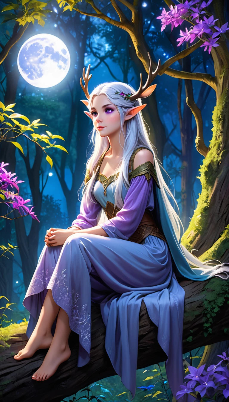 A young elf woman, with silver hair and bright purple eyes, is sitting on a tree, surrounded by a dense and lush forest. The night is bluish and clear, with the full moon shining brightly in the sky. Deers dance around your head, creating a magical and decorated environment. The young woman seems to be a part of the night, her skin shining with a touch of magic. She seems to be a mysterious and attractive figure, her serene expression and her relaxed posture. The scene conveys a sense of harmony and connection with nature, as if the young elf were an integral part of the wild world that surrounds her.