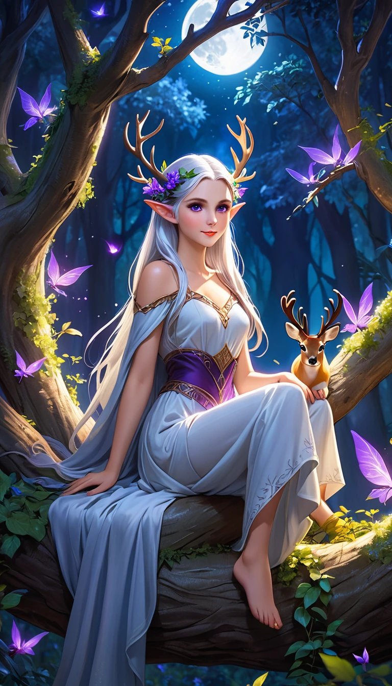 A young elf woman, with silver hair and bright purple eyes, is sitting on a tree, surrounded by a dense and lush forest. The night is bluish and clear, with the full moon shining brightly in the sky. Deers dance around your head, creating a magical and decorated environment. The young woman seems to be a part of the night, her skin shining with a touch of magic. She seems to be a mysterious and attractive figure, her serene expression and her relaxed posture. The scene conveys a sense of harmony and connection with nature, as if the young elf were an integral part of the wild world that surrounds her.