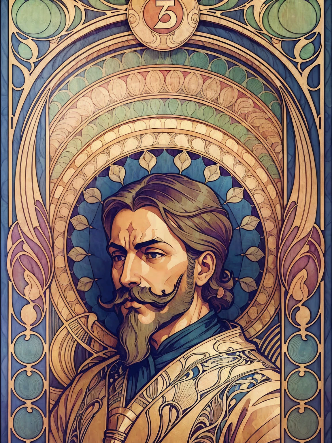 ((Art Nouveau Style)); Portrait of an Old Mughal Emperor with handlebar mustache; Stoic pose; symmetrical with thick lines, Fibonacci, golden ratio, 3D metal structure tessellation, neural graphic, neurons, color, love, passion, incredibly detailed, 8k, masterpiece, artstation, surreal