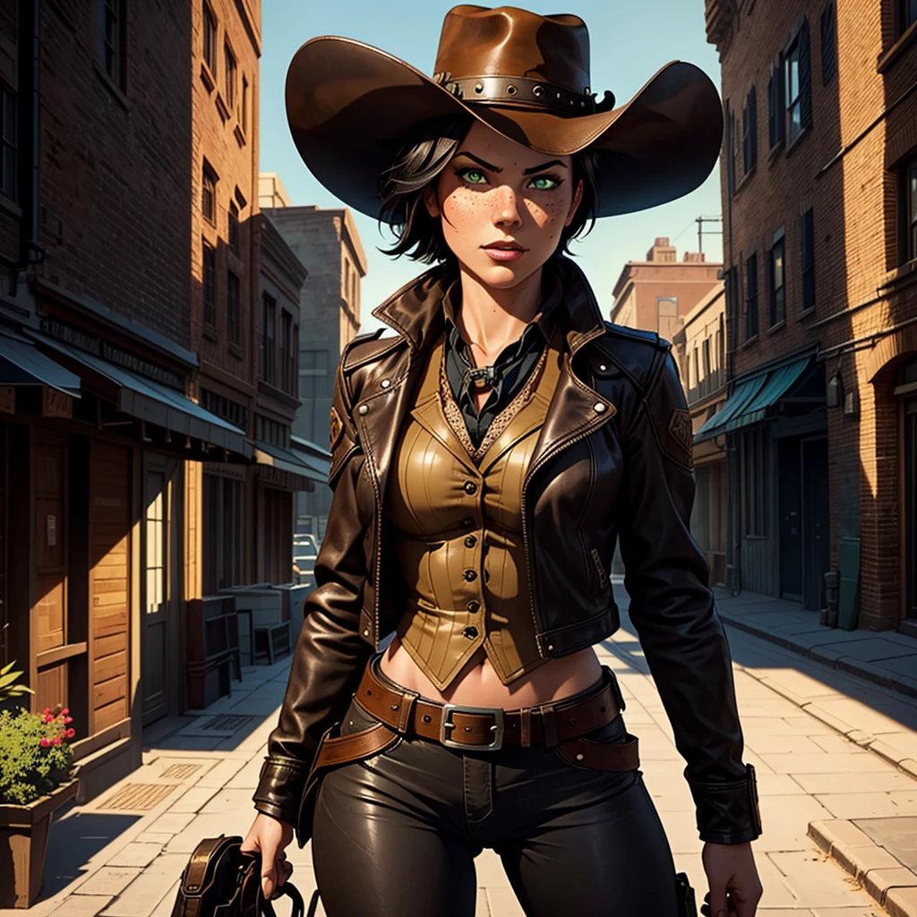 "Generate a high-quality image of a young woman with short black hair, green eyes, and freckles. She wears a brown leather jacket over a black vest and a black cowboy hat. The scene, captured from a cowboy shot angle, blends Western and steampunk influences in a modern cityscape, with natural light casting intriguing shadows."