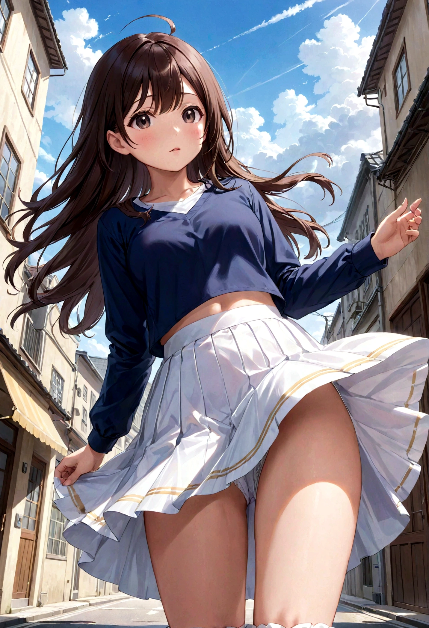 Low - Angle、Long skirt、強WindでHolding the flipping skirt with your hand、強WindでWhite cotton pantiesが見えている、:((Holding the flipping skirt with your hand))Low - Angle8Kで、highest quality、masterpiece、Ultra-detailed、Ultra-high resolution、Anime Style、1. High school girl、強Wind、((Holding the flipping skirt with your hand))、(impatient)White cotton panties:1.5), (Wind:1.25), (highest quality:1.0), (masterpiece:1.0), (Ultra-fine illustrations:1.0), ネイビーブルーのLong skirt、
、Lined、